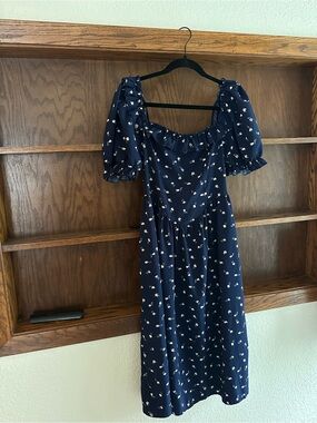 Navy Floral Puff-Sleeve Midi Dress